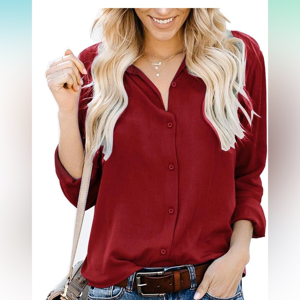 ZC&GF Women's Long Sleeve Blouses Button Down Shirt Tops Red Wine. Women’s Large